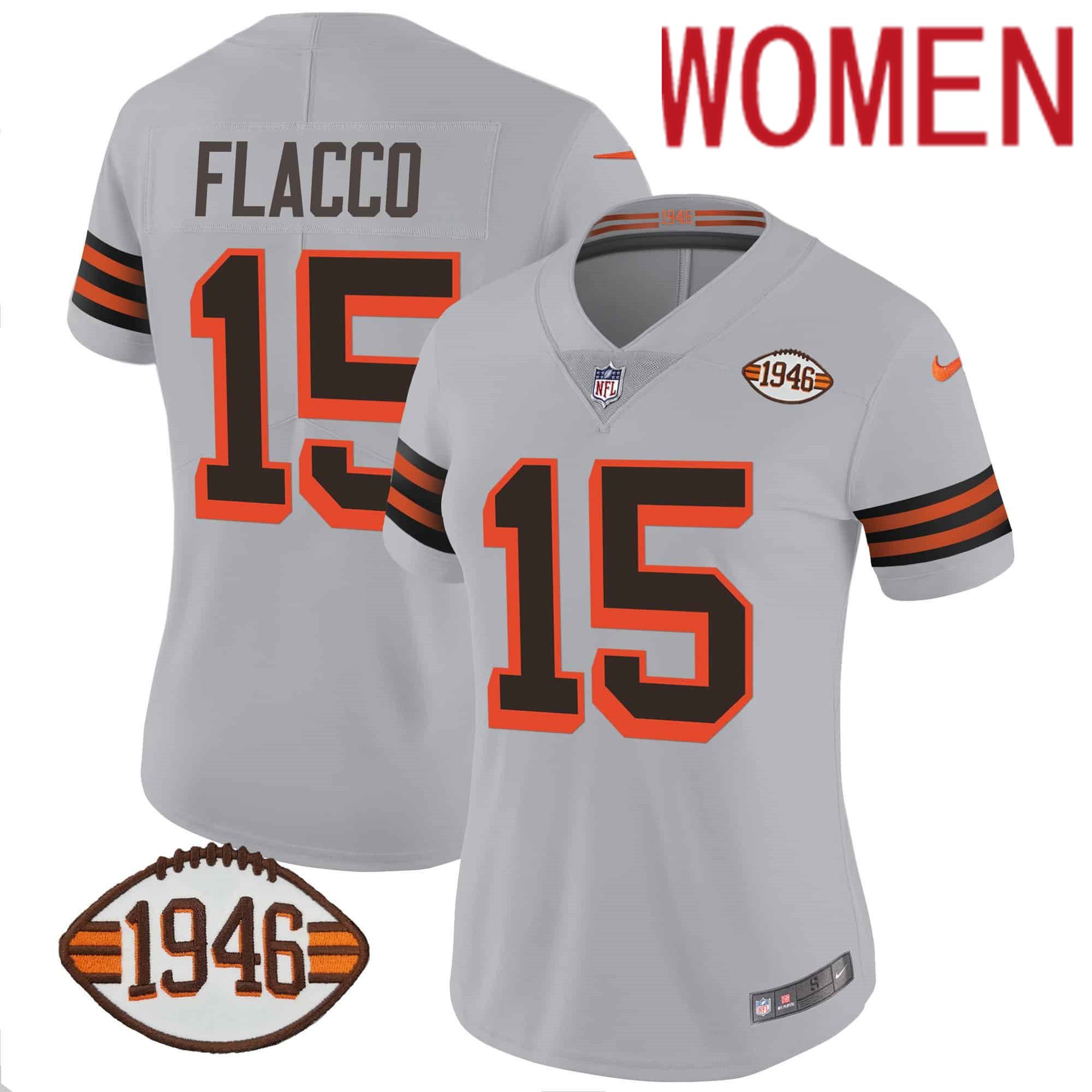 Women Cleveland Browns #15 Flacco Grey 1946 75th Anniversary Patch 2024 Nike NFL Jersey->women nfl jersey->Women Jersey